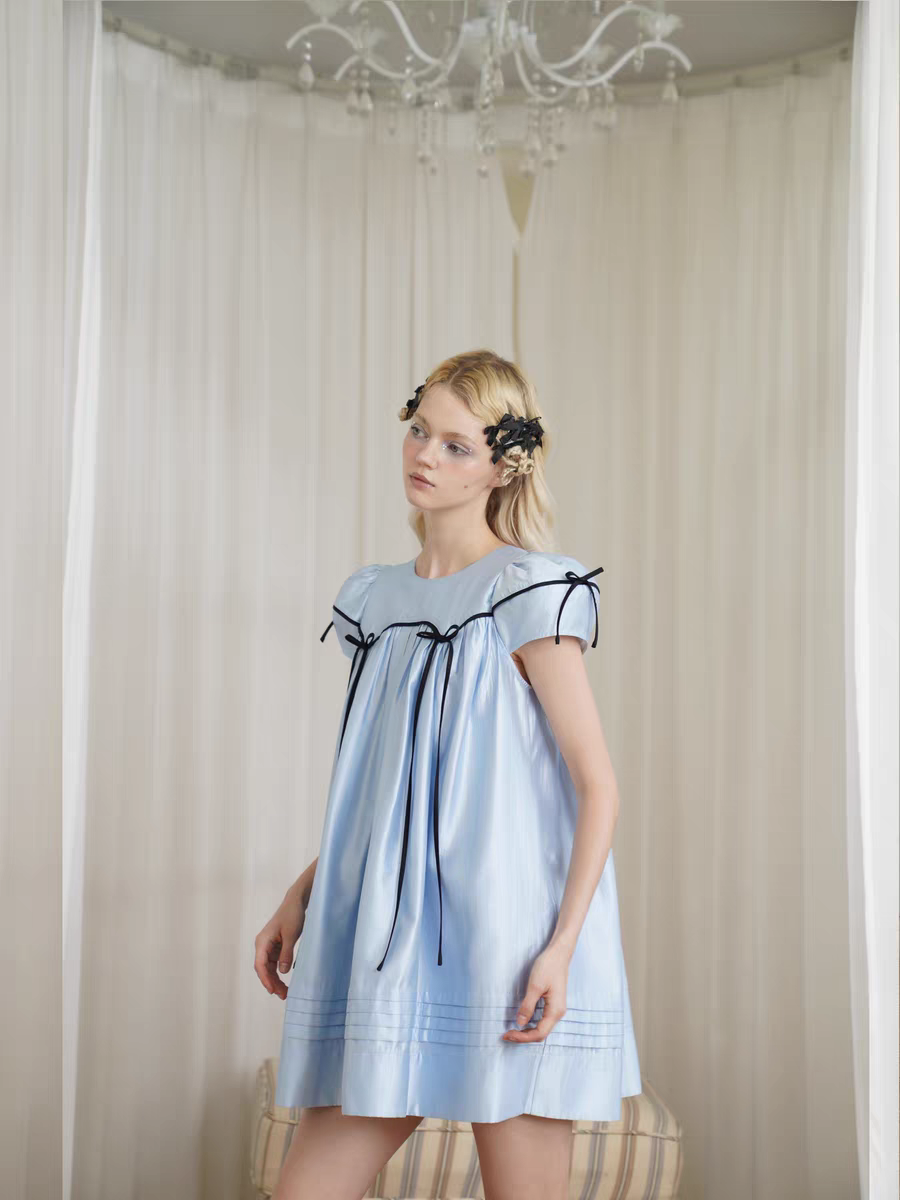 HSIYOUNWOO. Original Design Silk Bow Puff Sleeve Babydoll Dress