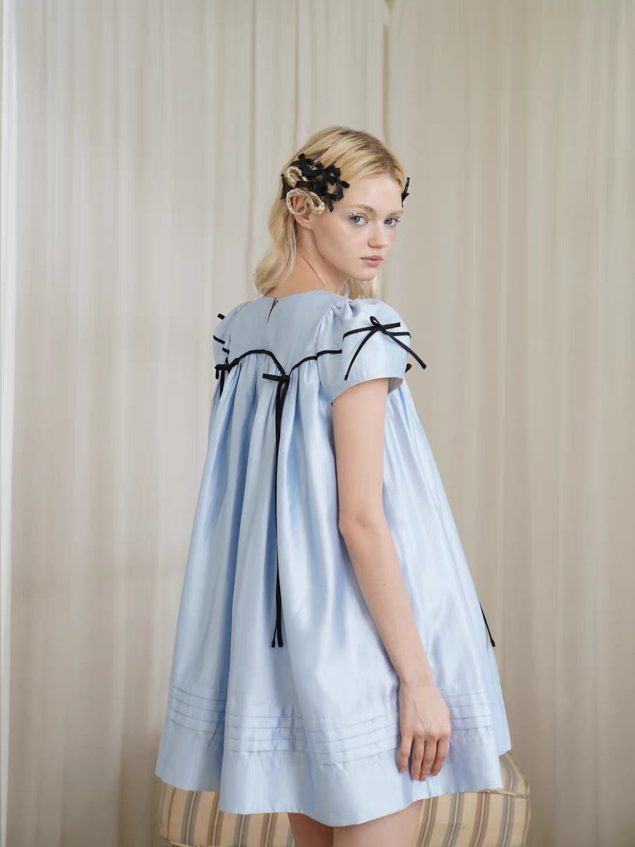 HSIYOUNWOO. Original Design Silk Bow Puff Sleeve Babydoll Dress