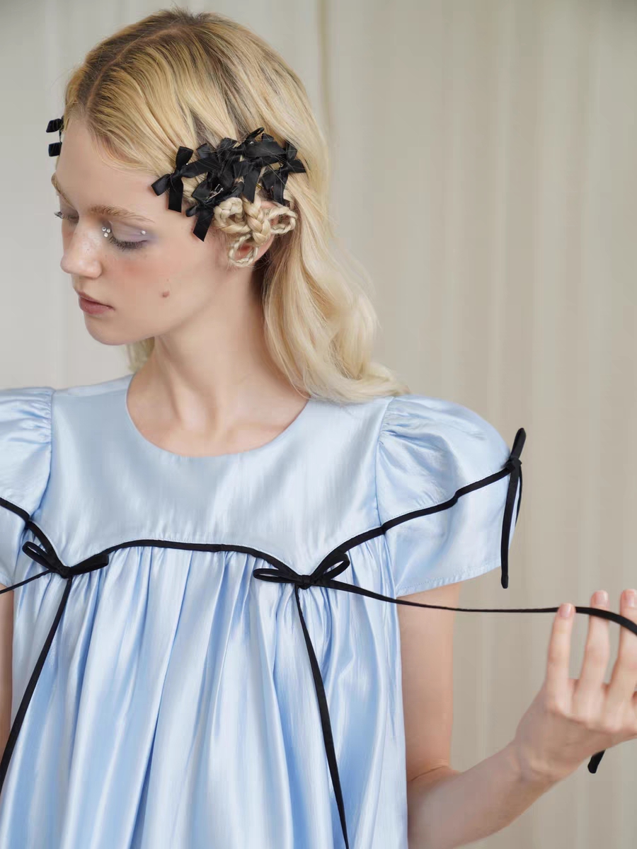 HSIYOUNWOO. Original Design Silk Bow Puff Sleeve Babydoll Dress