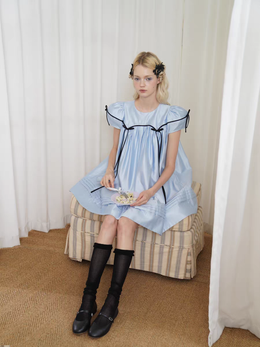HSIYOUNWOO. Original Design Silk Bow Puff Sleeve Babydoll Dress
