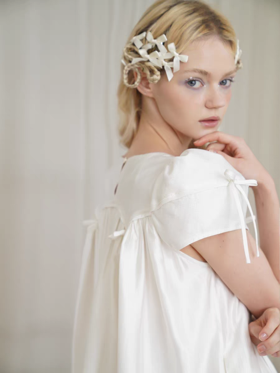 HSIYOUNWOO. Original Design Silk Bow Puff Sleeve Babydoll Dress