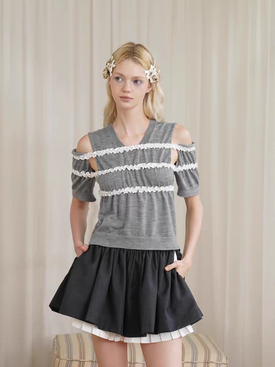 HSIYOUNWOO. Original Design Lace Trim Off-Shoulder Short Sleeve Wool Knit Sweater
