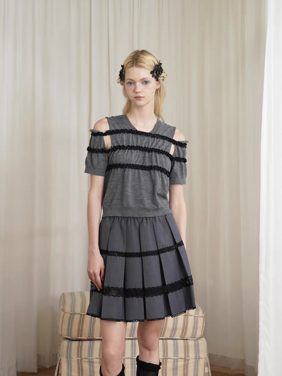 HSIYOUNWOO. Original Design Lace Trim Off-Shoulder Short Sleeve Wool Knit Sweater