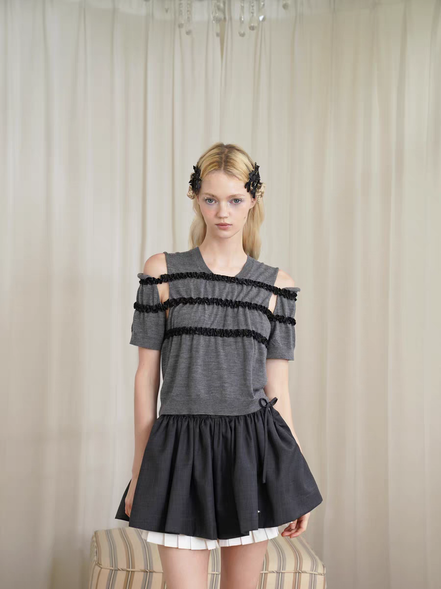 HSIYOUNWOO. Original Design Lace Trim Off-Shoulder Short Sleeve Wool Knit Sweater