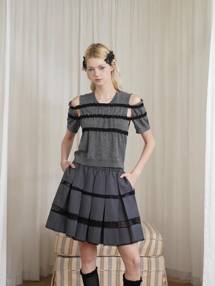 HSIYOUNWOO. Original Design Lace Trim Off-Shoulder Short Sleeve Wool Knit Sweater