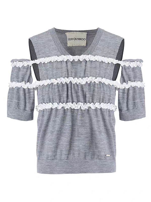 HSIYOUNWOO. Original Design Lace Trim Off-Shoulder Short Sleeve Wool Knit Sweater