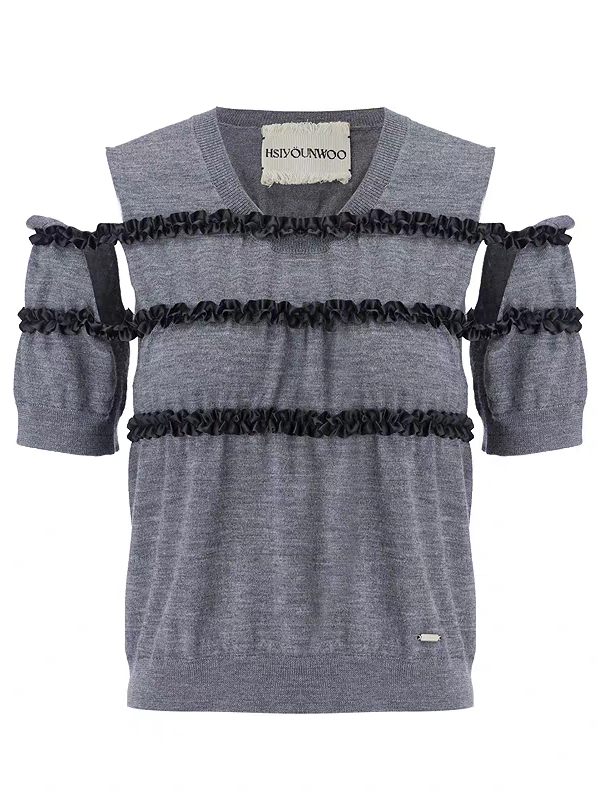 HSIYOUNWOO. Original Design Lace Trim Off-Shoulder Short Sleeve Wool Knit Sweater
