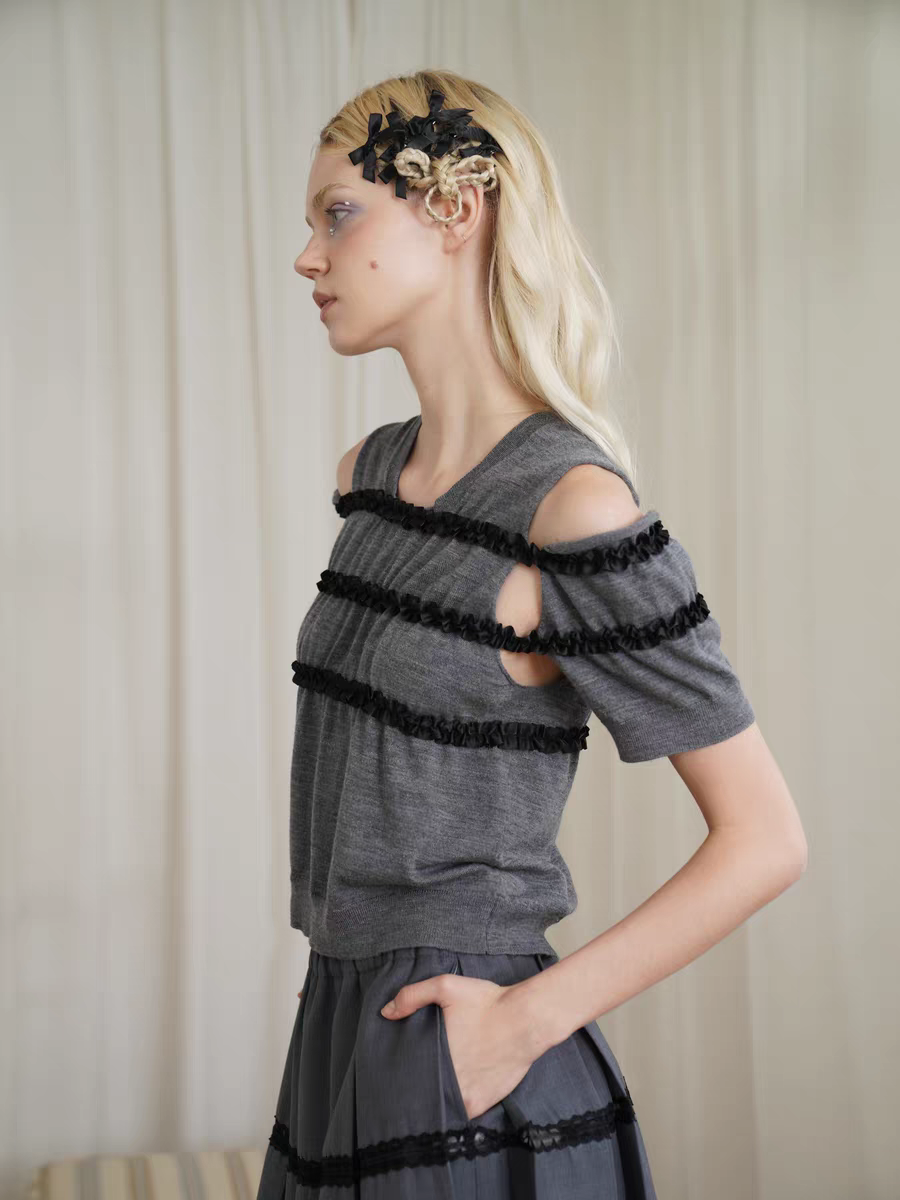 HSIYOUNWOO. Original Design Lace Trim Off-Shoulder Short Sleeve Wool Knit Sweater