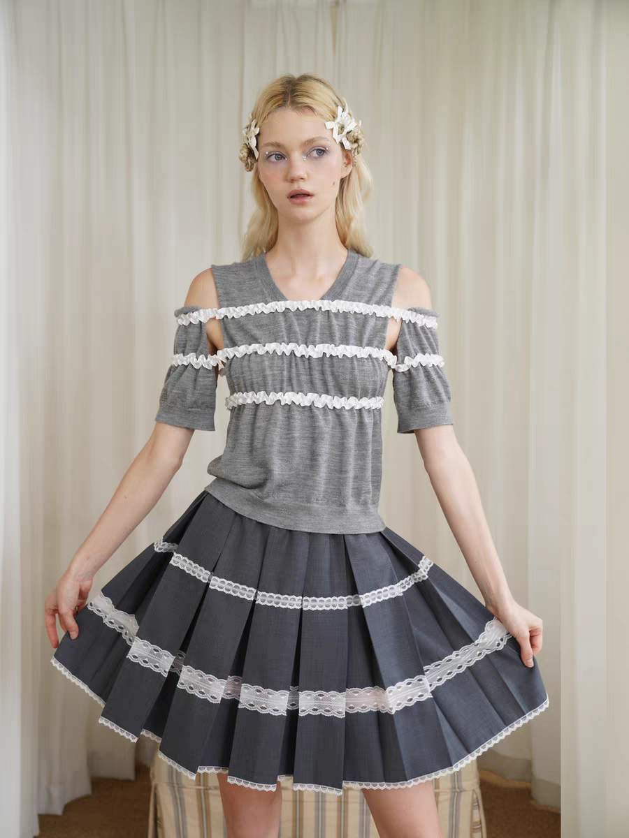 HSIYOUNWOO. Original Design Lace Trim Off-Shoulder Short Sleeve Wool Knit Sweater