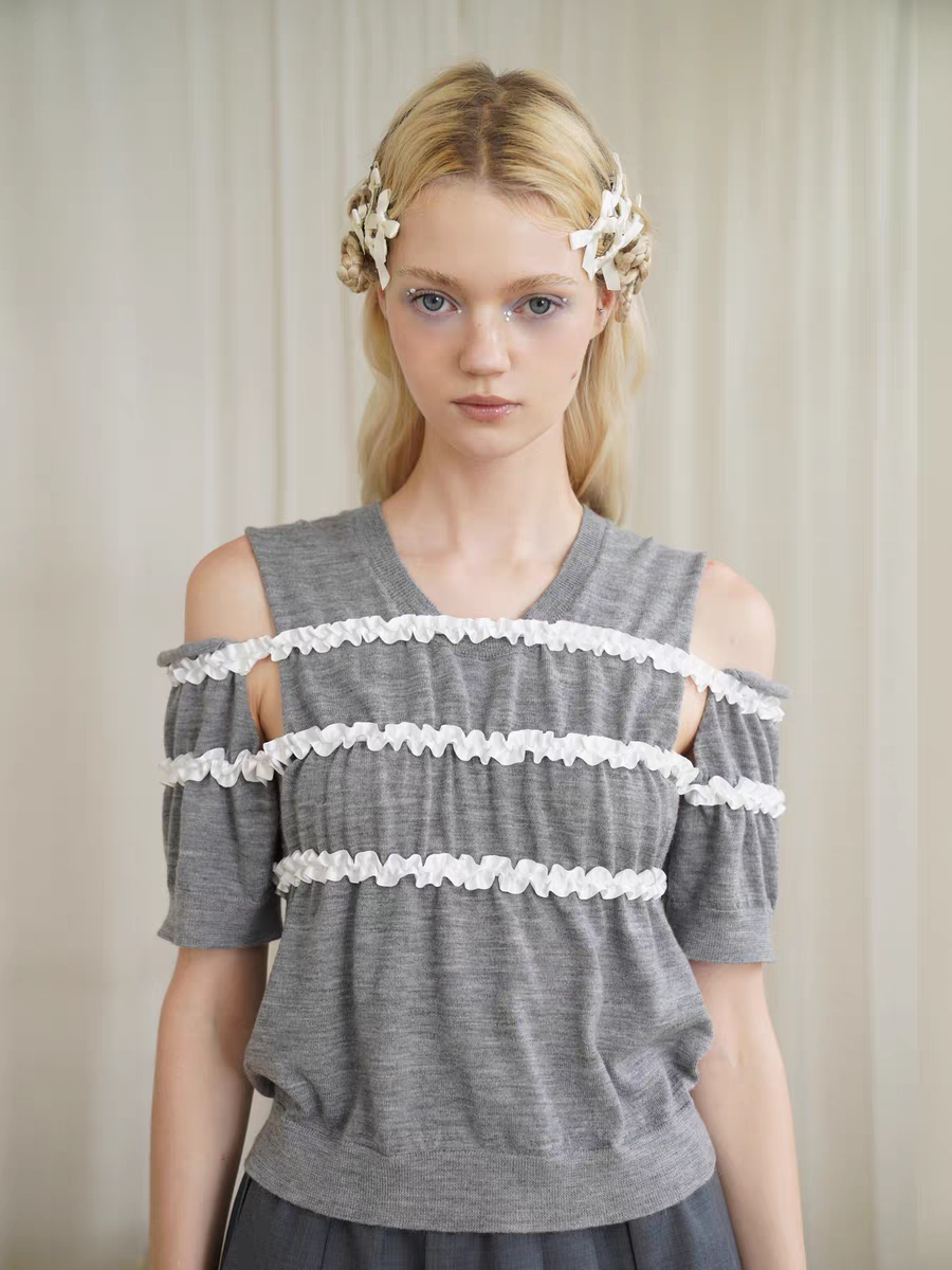 HSIYOUNWOO. Original Design Lace Trim Off-Shoulder Short Sleeve Wool Knit Sweater