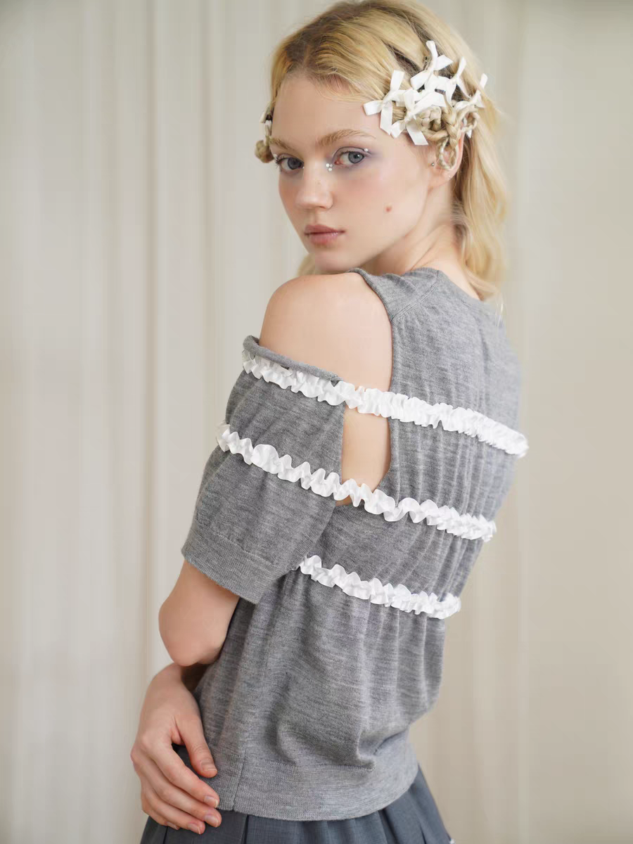HSIYOUNWOO. Original Design Lace Trim Off-Shoulder Short Sleeve Wool Knit Sweater