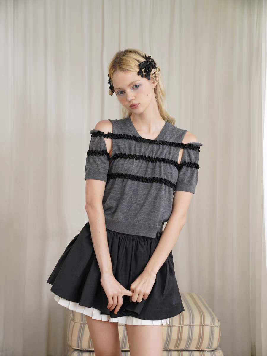 HSIYOUNWOO. Original Design Lace Trim Off-Shoulder Short Sleeve Wool Knit Sweater