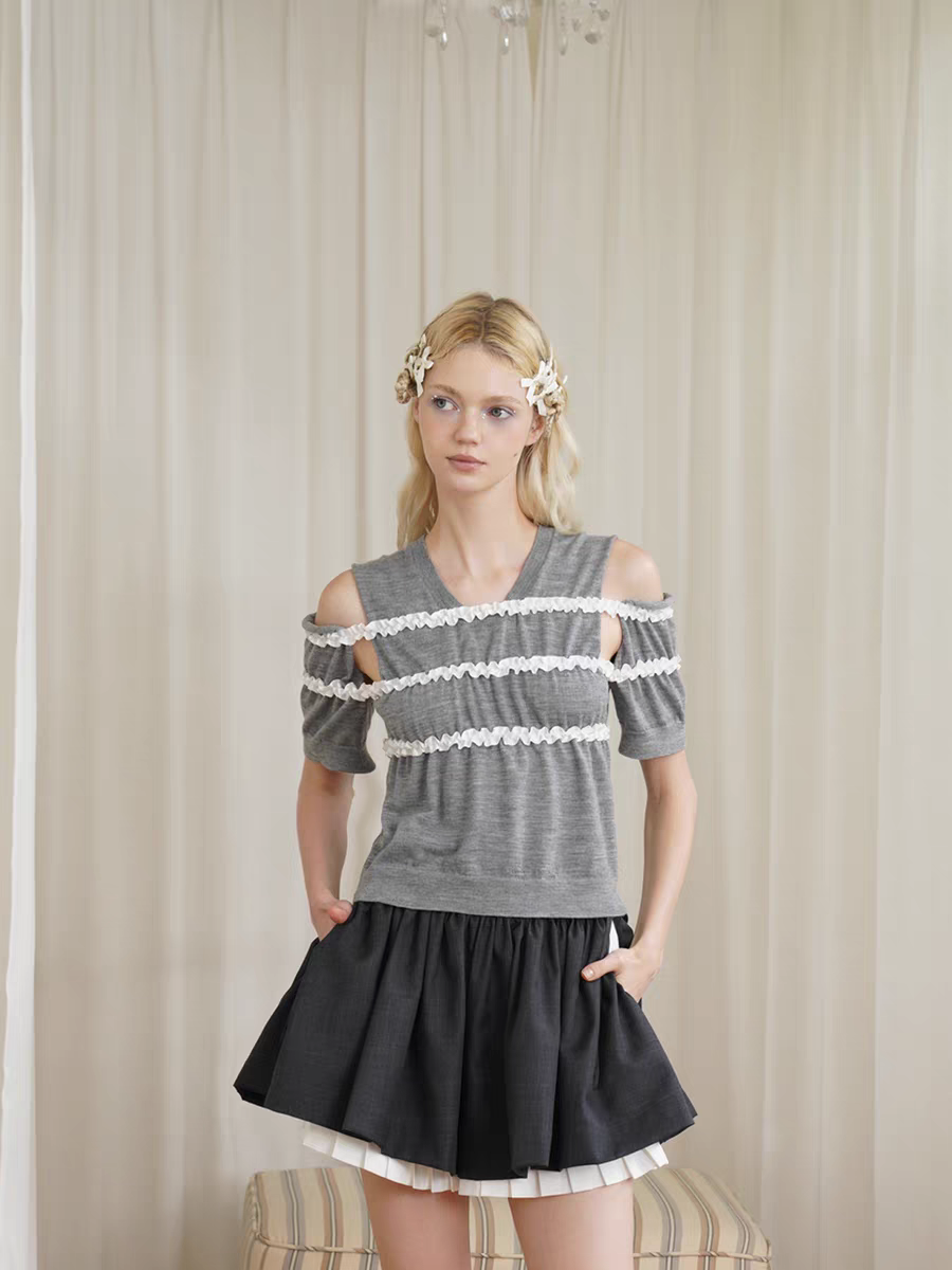 HSIYOUNWOO. Original Design Lace Trim Off-Shoulder Short Sleeve Wool Knit Sweater