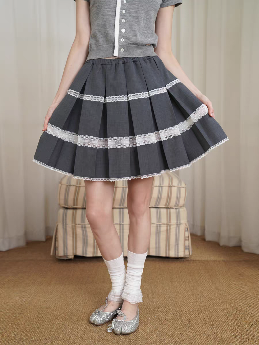 HSIYOUNWOO. Original Design Wool Lace Trim Pleated Skirt