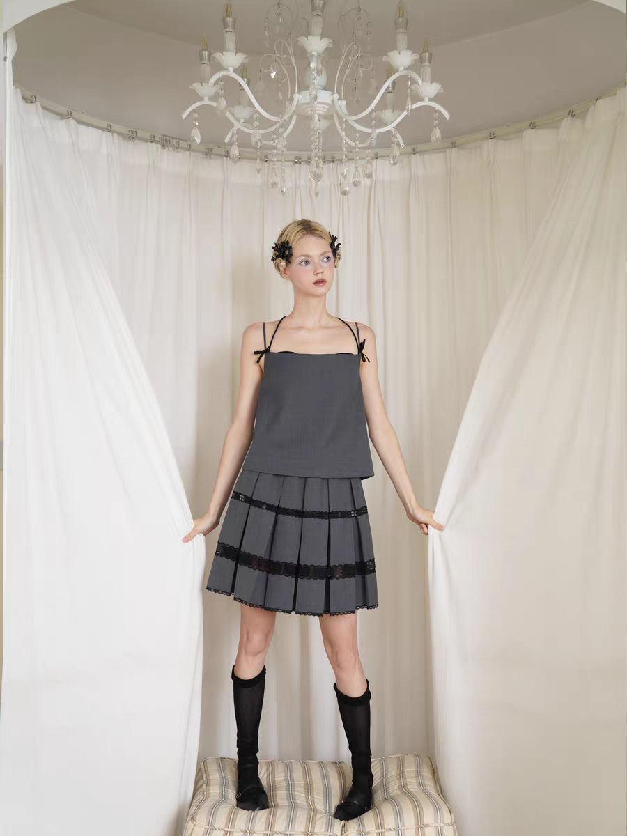 HSIYOUNWOO. Original Design Wool Lace Trim Pleated Skirt