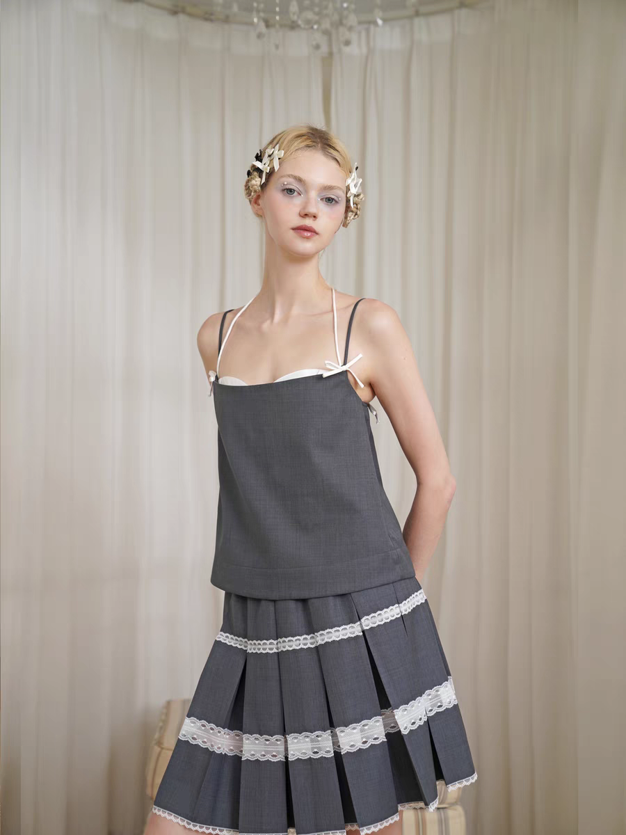 HSIYOUNWOO. Original Design Wool Lace Trim Pleated Skirt