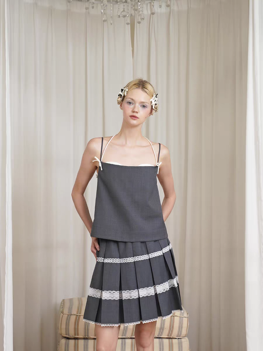 HSIYOUNWOO. Original Design Wool Lace Trim Pleated Skirt