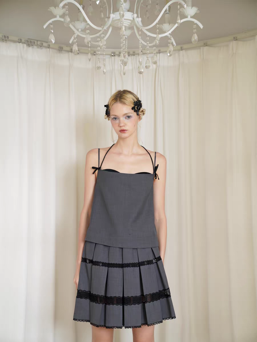 HSIYOUNWOO. Original Design Wool Lace Trim Pleated Skirt