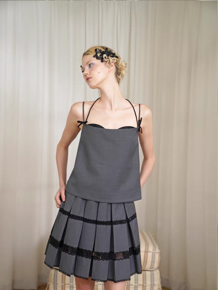 HSIYOUNWOO. Original Design Wool Lace Trim Pleated Skirt