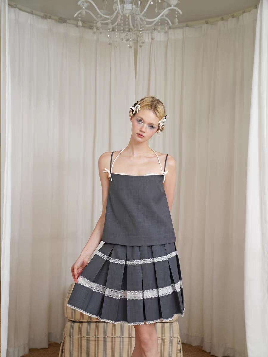 HSIYOUNWOO. Original Design Wool Lace Trim Pleated Skirt