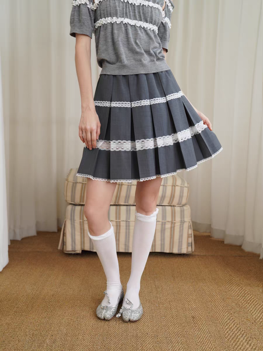 HSIYOUNWOO. Original Design Wool Lace Trim Pleated Skirt