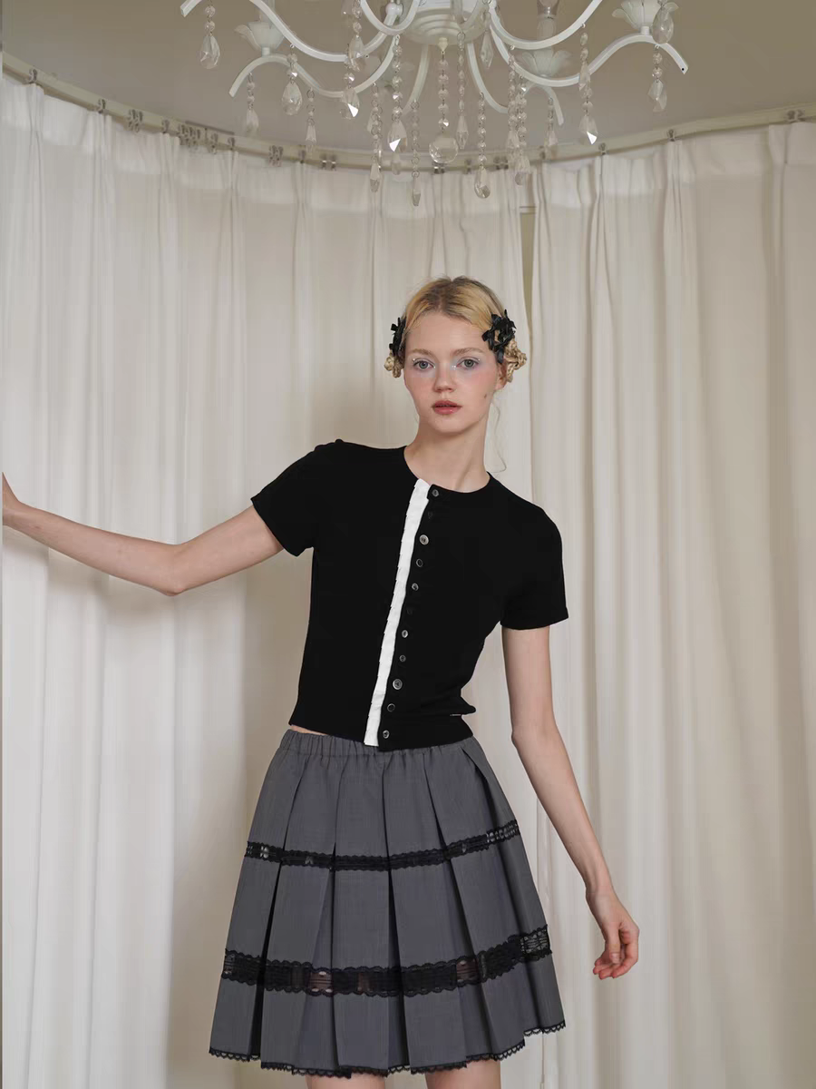 HSIYOUNWOO. Original Design Wool Lace Trim Pleated Skirt