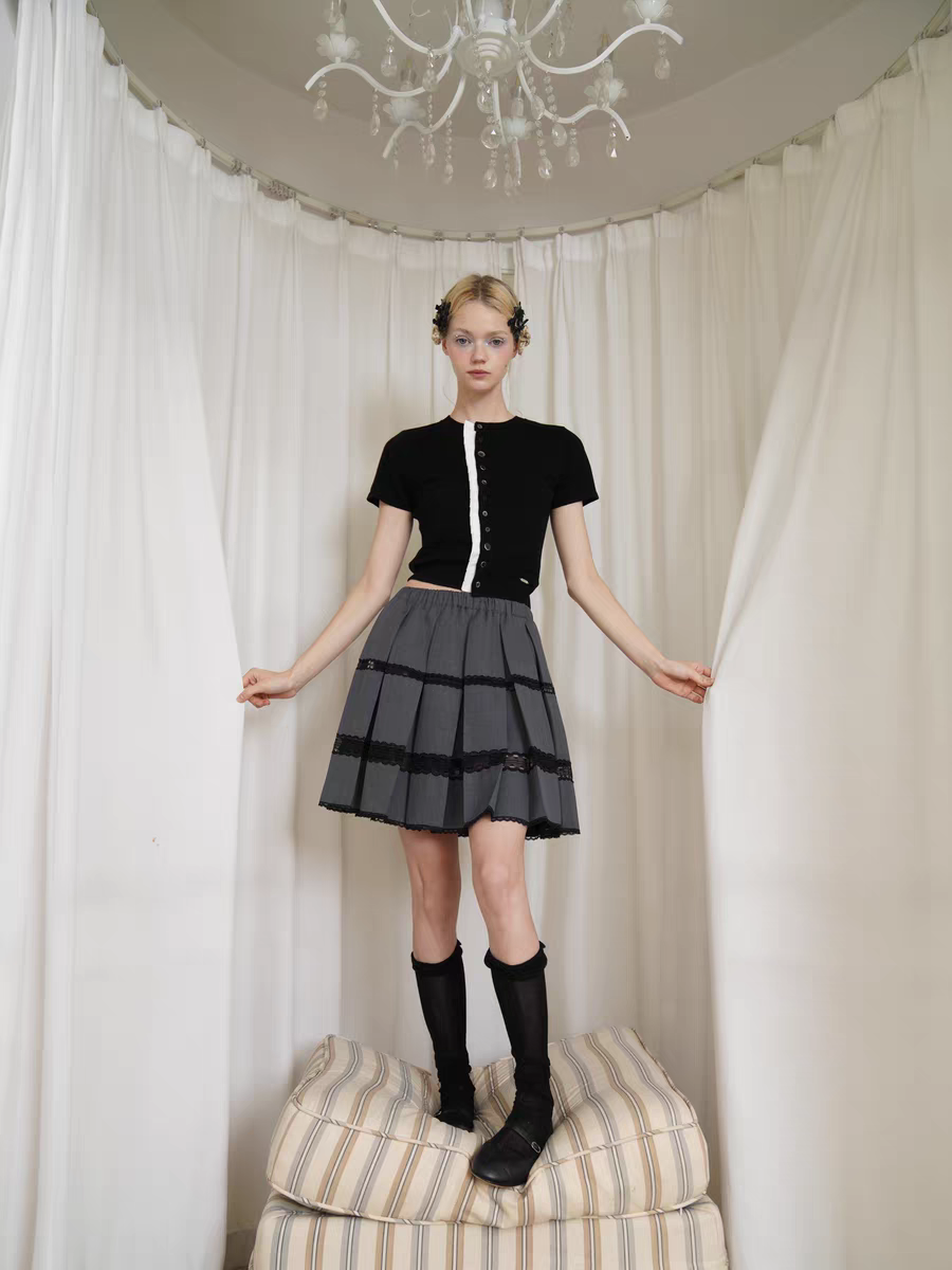 HSIYOUNWOO. Original Design Wool Lace Trim Pleated Skirt