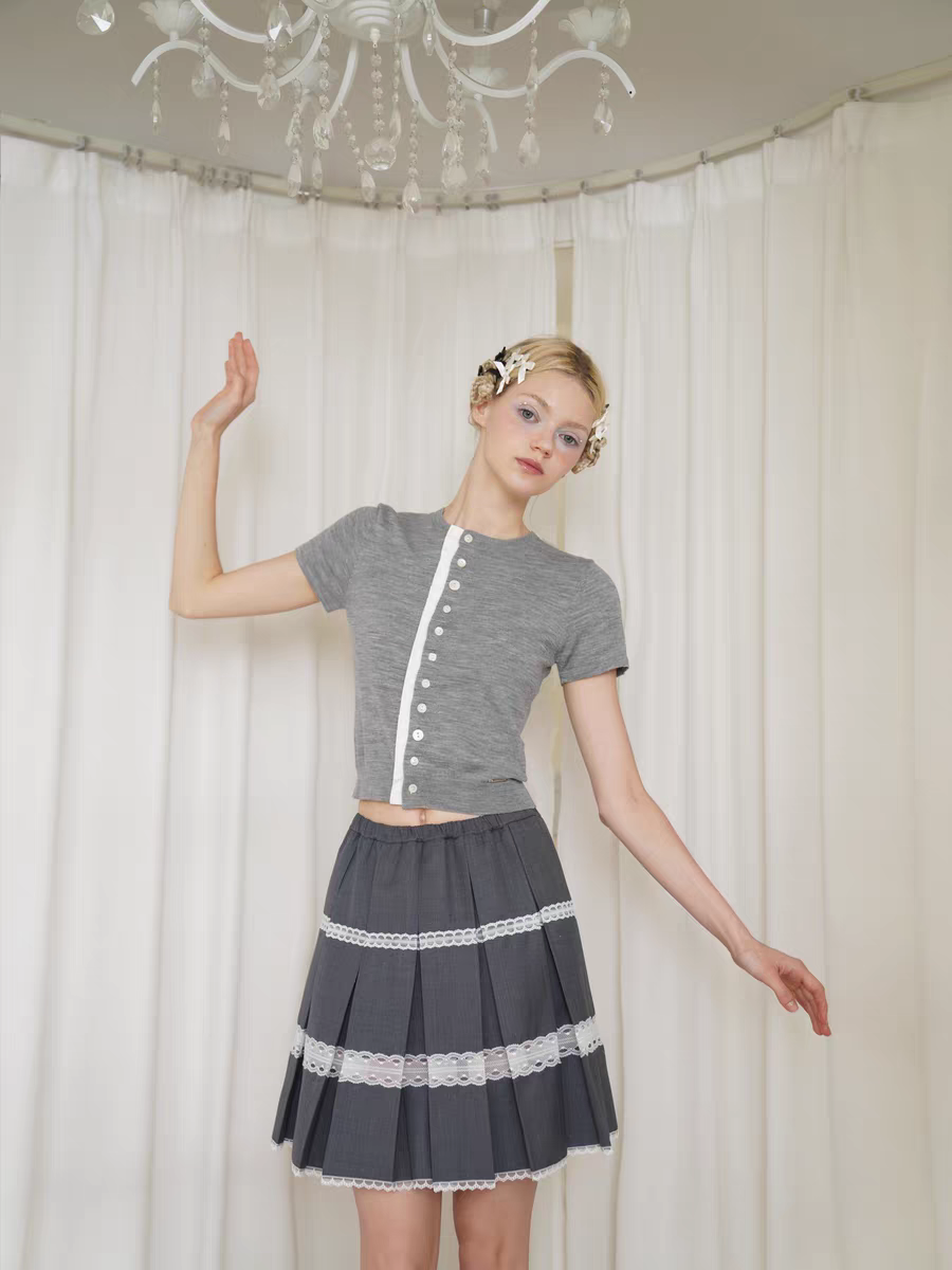 HSIYOUNWOO. Original Design Wool Lace Trim Pleated Skirt