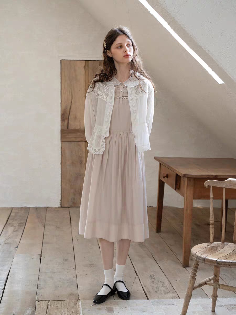Kissgarnet. Original Design Embroidered Vintage Zip Cardigan & Bow Short Sleeve Dress Set