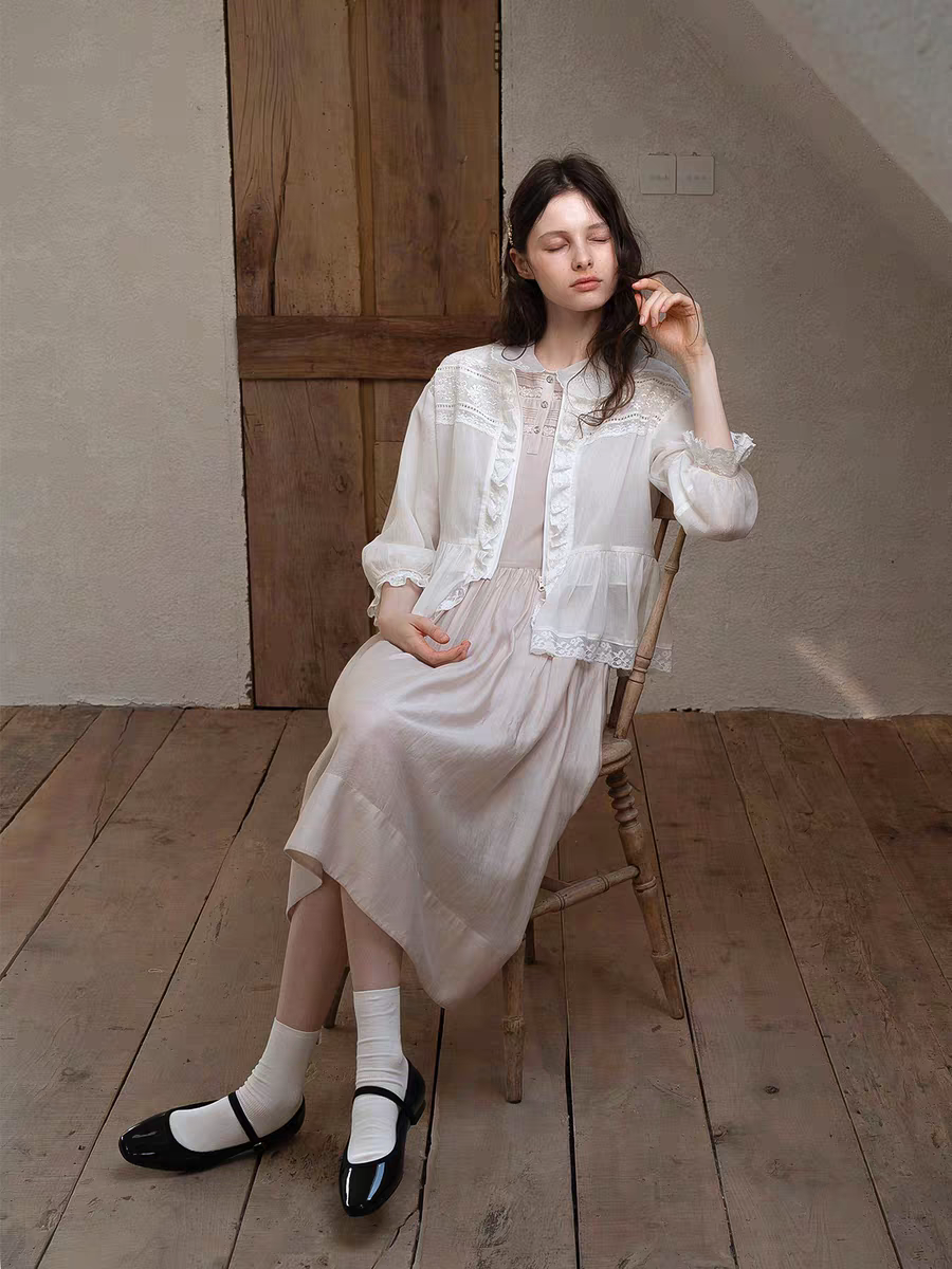 Kissgarnet. Original Design Embroidered Vintage Zip Cardigan & Bow Short Sleeve Dress Set