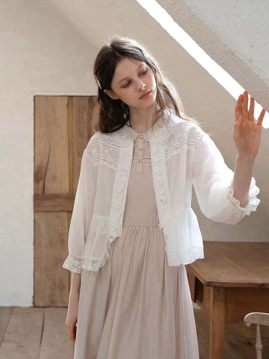 Kissgarnet. Original Design Embroidered Vintage Zip Cardigan & Bow Short Sleeve Dress Set