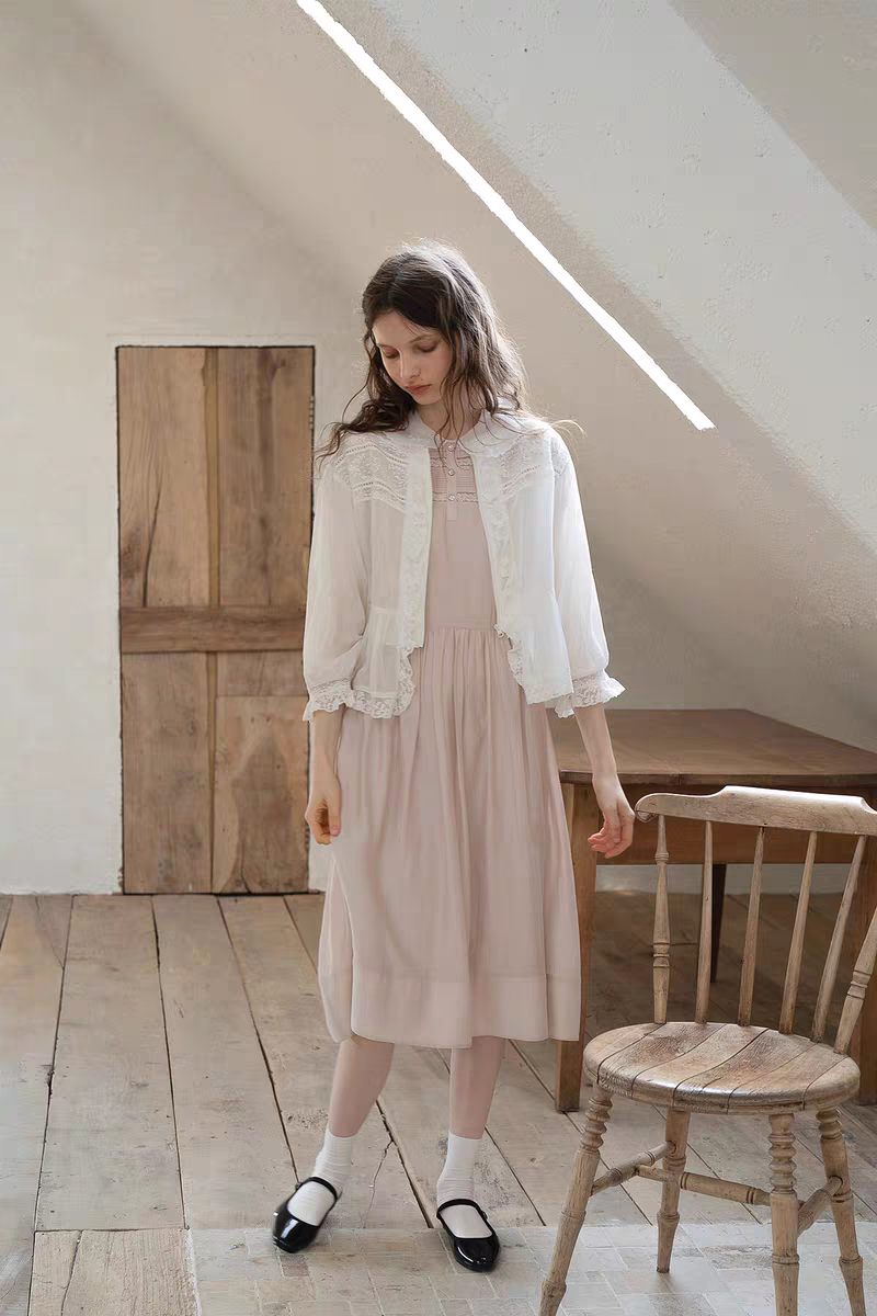 Kissgarnet. Original Design Embroidered Vintage Zip Cardigan & Bow Short Sleeve Dress Set
