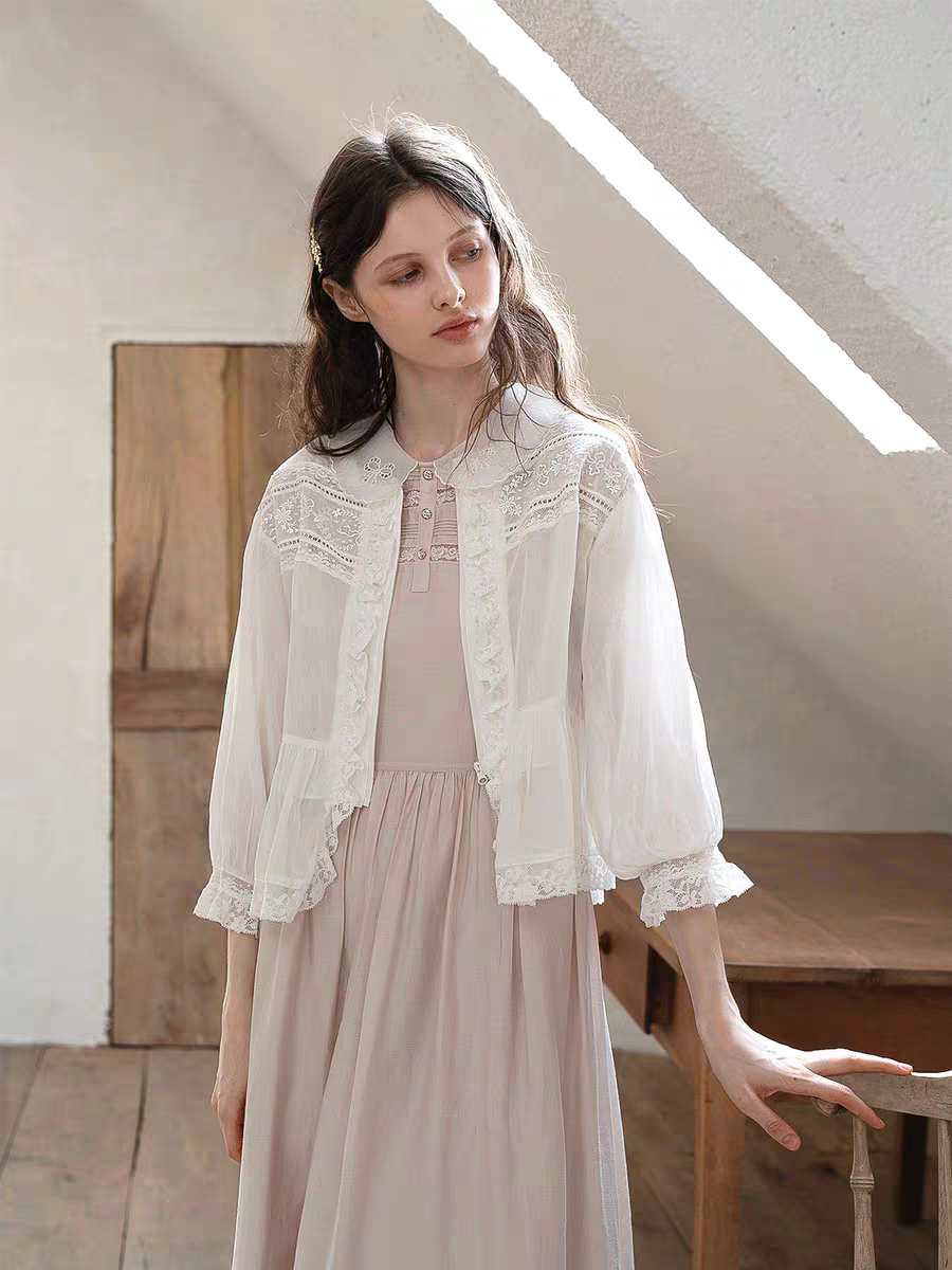 Kissgarnet. Original Design Embroidered Vintage Zip Cardigan & Bow Short Sleeve Dress Set