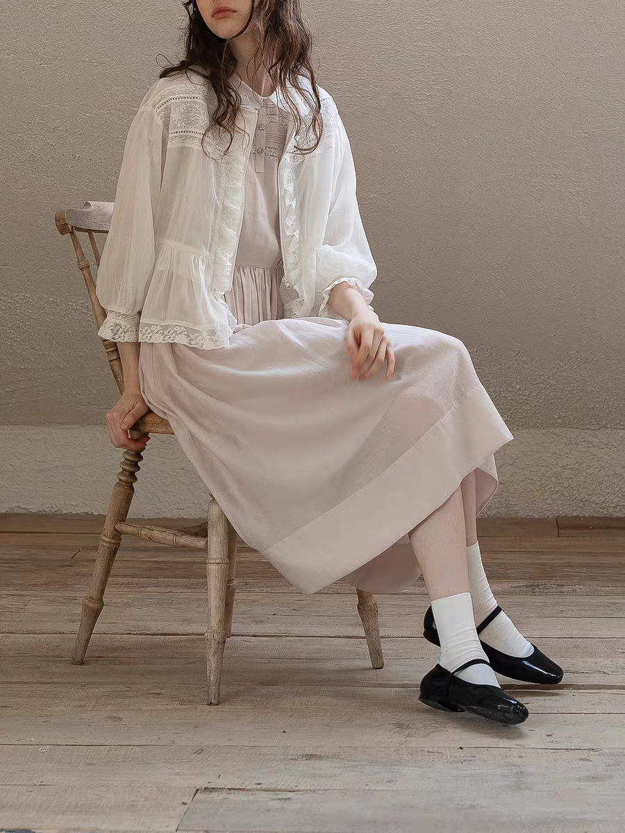 Kissgarnet. Original Design Embroidered Vintage Zip Cardigan & Bow Short Sleeve Dress Set
