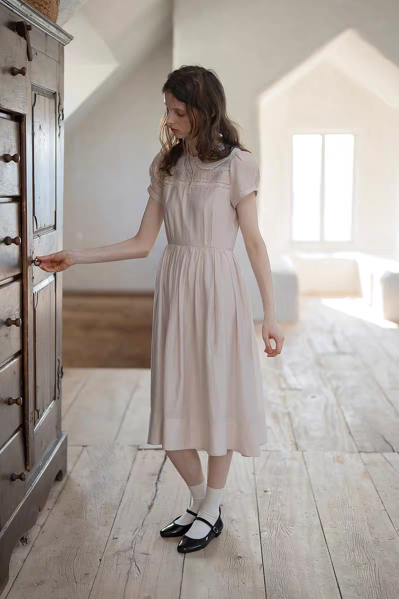 Kissgarnet. Original Design Embroidered Vintage Zip Cardigan & Bow Short Sleeve Dress Set