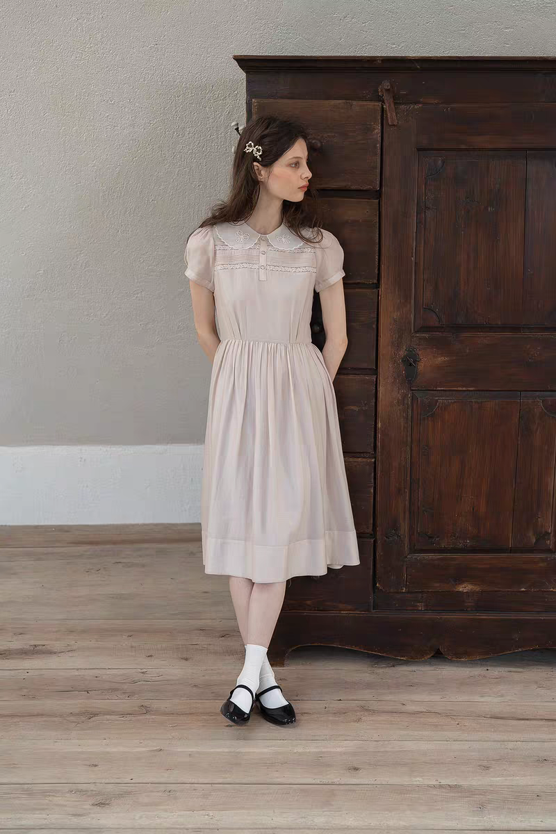 Kissgarnet. Original Design Embroidered Vintage Zip Cardigan & Bow Short Sleeve Dress Set