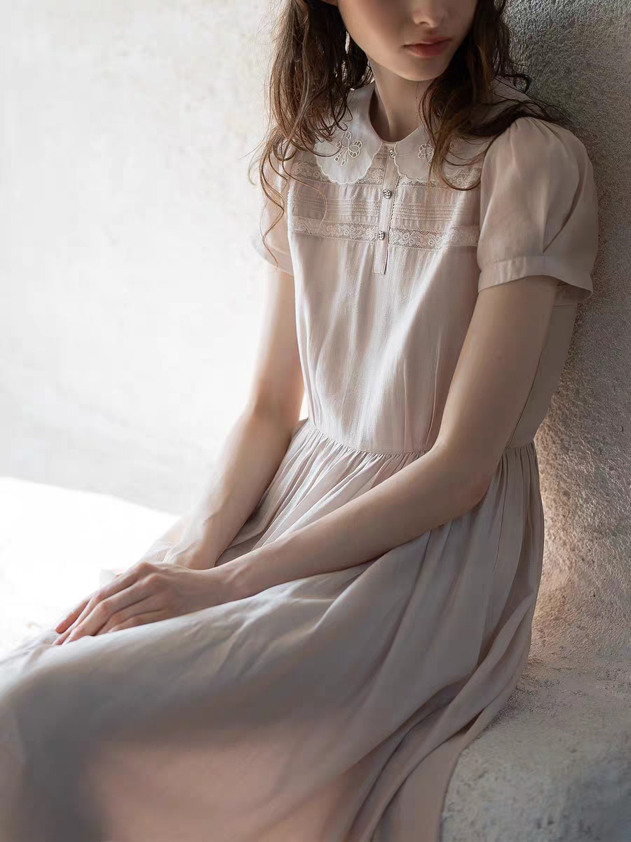 Kissgarnet. Original Design Embroidered Vintage Zip Cardigan & Bow Short Sleeve Dress Set