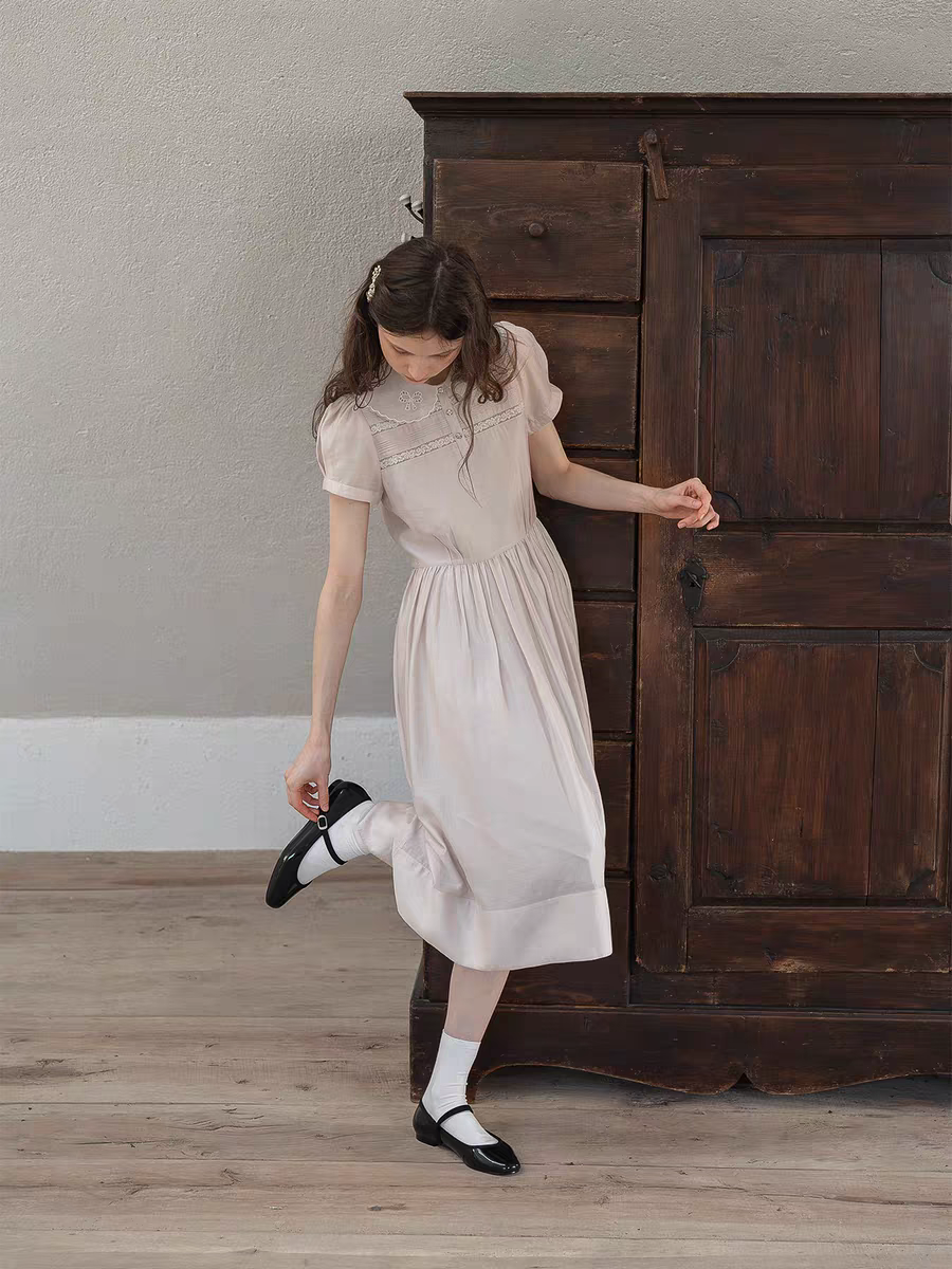 Kissgarnet. Original Design Embroidered Vintage Zip Cardigan & Bow Short Sleeve Dress Set