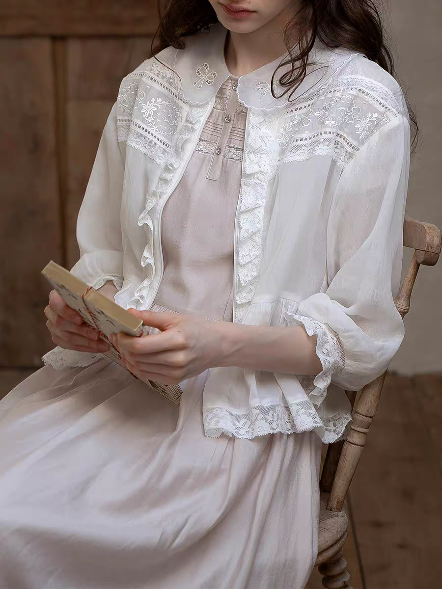 Kissgarnet. Original Design Embroidered Vintage Zip Cardigan & Bow Short Sleeve Dress Set