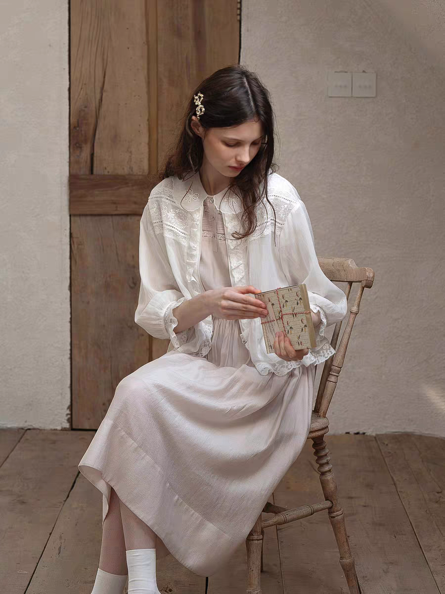 Kissgarnet. Original Design Embroidered Vintage Zip Cardigan & Bow Short Sleeve Dress Set