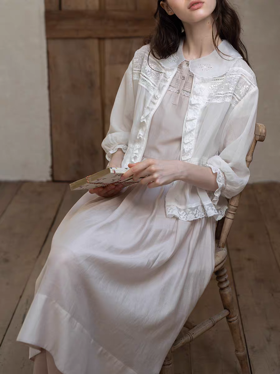 Kissgarnet. Original Design Embroidered Vintage Zip Cardigan & Bow Short Sleeve Dress Set