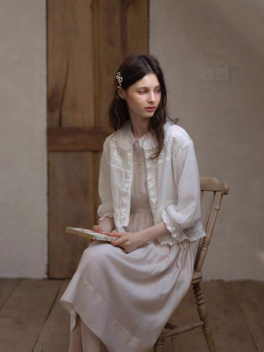 Kissgarnet. Original Design Embroidered Vintage Zip Cardigan & Bow Short Sleeve Dress Set