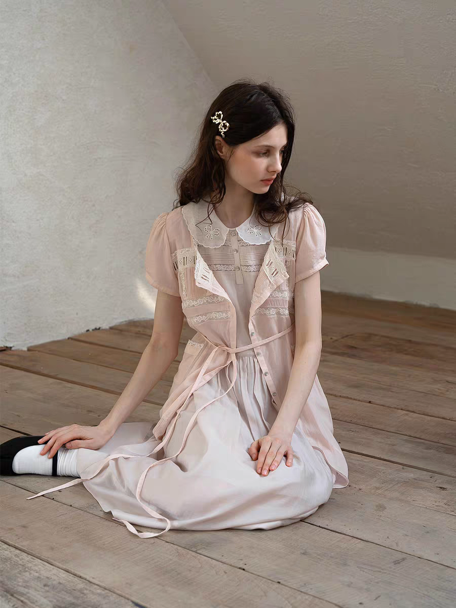 Kissgarnet. Original Design Embroidered Vintage Zip Cardigan & Bow Short Sleeve Dress Set