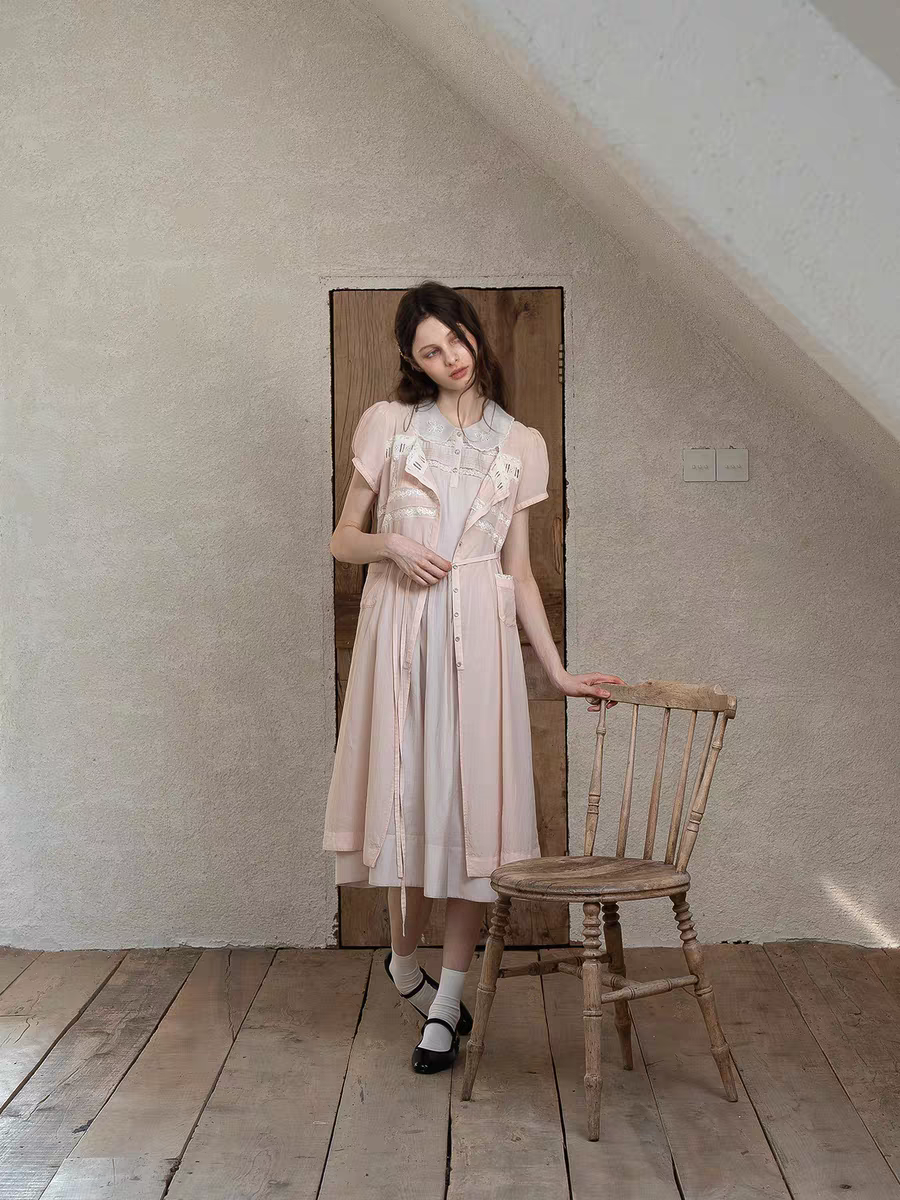 Kissgarnet. Original Design Embroidered Vintage Zip Cardigan & Bow Short Sleeve Dress Set