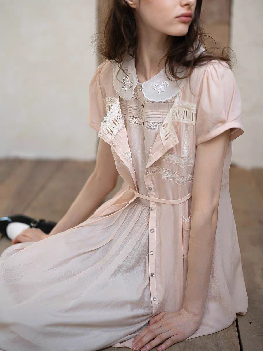 Kissgarnet. Original Design Embroidered Vintage Zip Cardigan & Bow Short Sleeve Dress Set