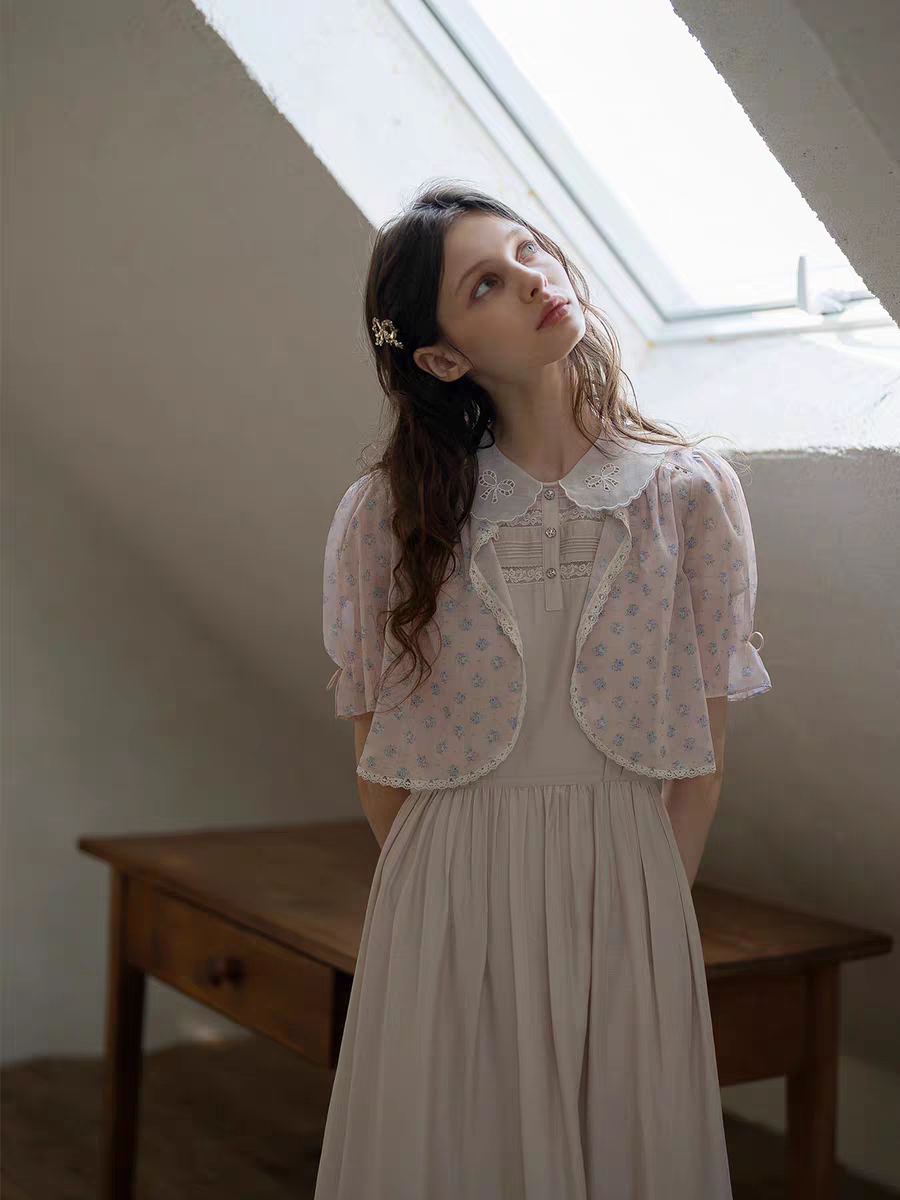 Kissgarnet. Original Design Embroidered Vintage Zip Cardigan & Bow Short Sleeve Dress Set