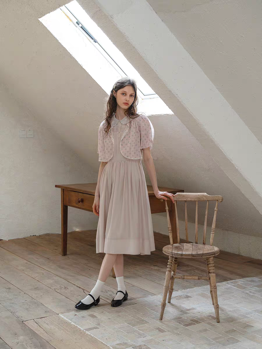 Kissgarnet. Original Design Embroidered Vintage Zip Cardigan & Bow Short Sleeve Dress Set