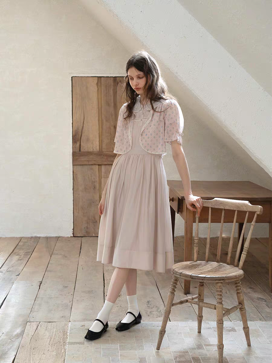 Kissgarnet. Original Design Embroidered Vintage Zip Cardigan & Bow Short Sleeve Dress Set