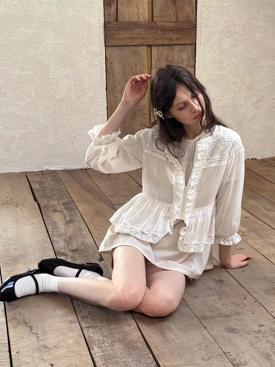 Kissgarnet. Original Design Embroidered Vintage Zip Cardigan & Bow Short Sleeve Dress Set