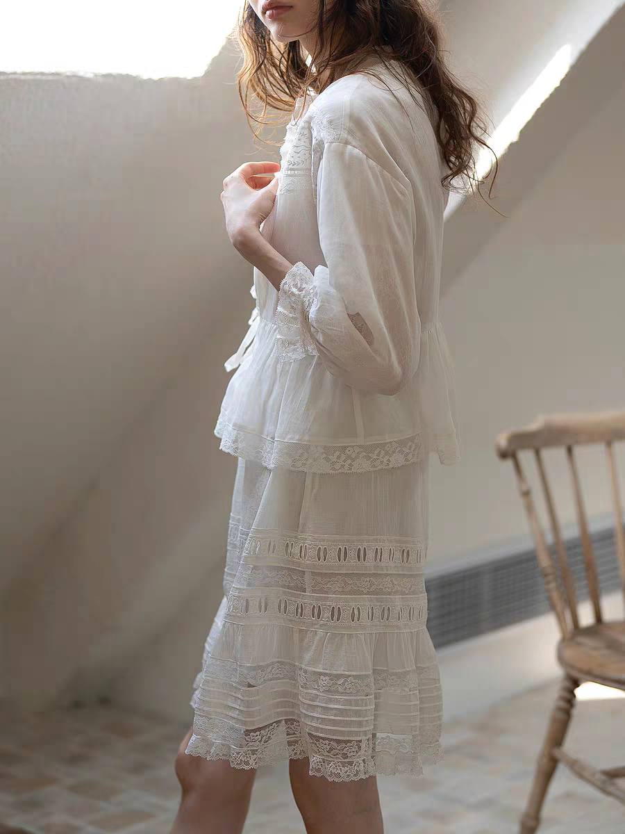 Kissgarnet. Original Design Embroidered Vintage Zip Cardigan & Bow Short Sleeve Dress Set